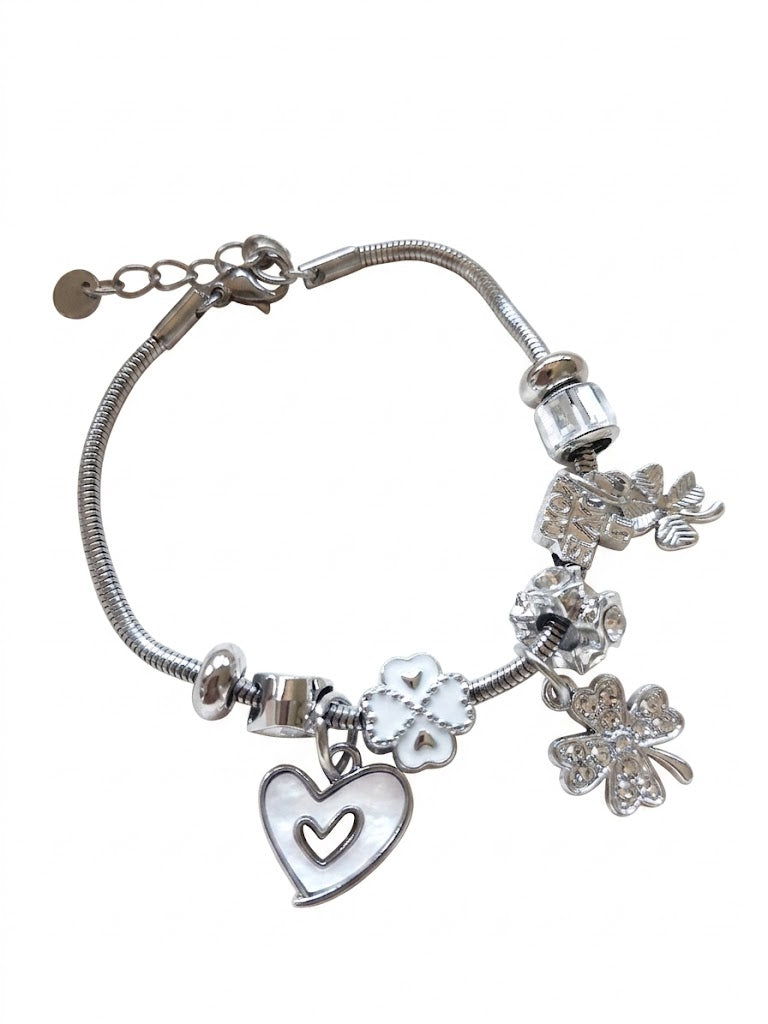 Aurora Hearts & Clover Charm-armbånd i rustfritt stål