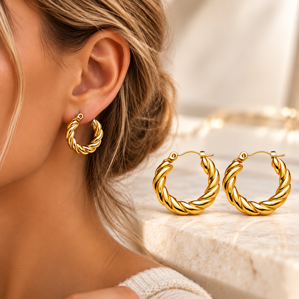 Aurora Hoops ørepynt-tvinnede ringer belagt med 18k gull i rustfritt stål