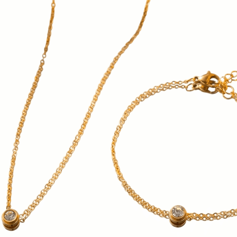 Smykkesett med solitær, kjede og armbånd, 18k gullbelagt stål